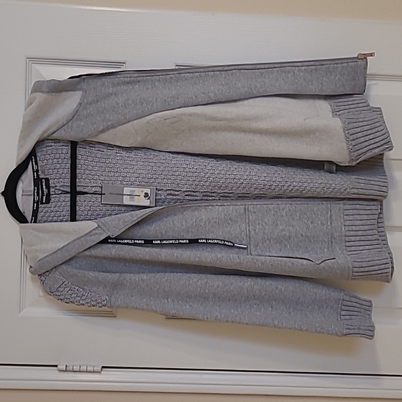 NWT Karl Lagerfeld Gray Hooded Sweater Jacket with Patches Size M - Picture 10 of 10